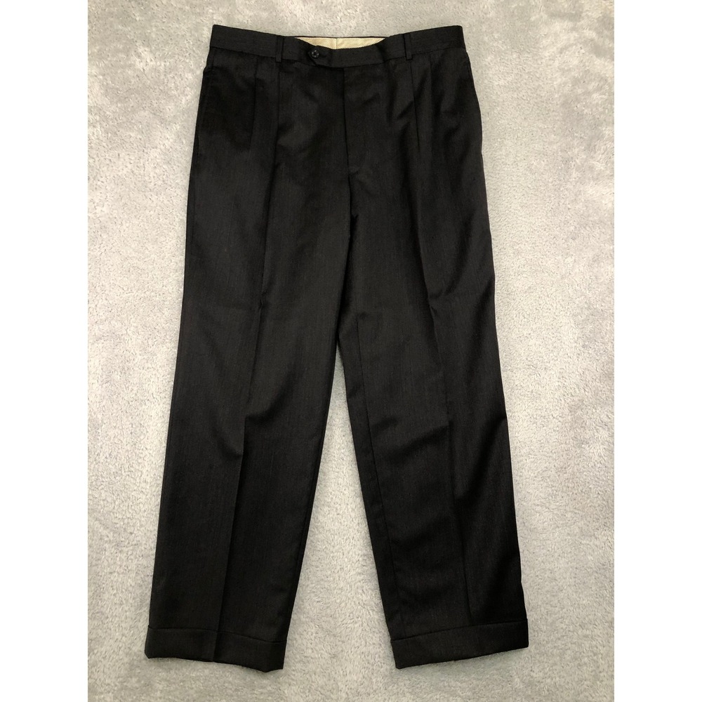 Neiman Marcus Pants Men 38x31 Black 100% Wool Made in Canada Pleated Cuffed